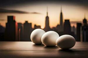 three eggs on a table with a city in the background. AI-Generated photo