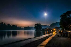 the moon shines over a lake at night. AI-Generated photo