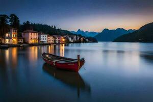 a boat sits on the water at dusk in front of houses. AI-Generated photo