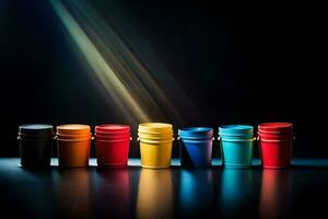 a row of colorful plastic buckets on a dark surface. AI-Generated photo