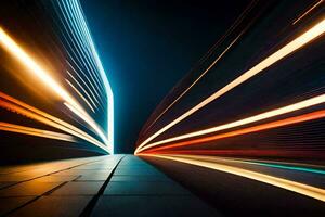 light trails of cars on a highway at night. AI-Generated photo