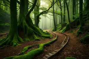 un bosque camino rodeado por arboles y musgo. generado por ai foto