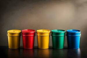 a row of colorful plastic buckets on a table. AI-Generated photo