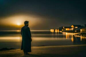 un hombre en pie en el playa a noche con el Luna en el antecedentes. generado por ai foto