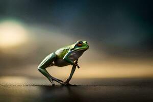 a frog is standing on its hind legs. AI-Generated photo