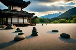 un pagoda y rocas en el arena. generado por ai foto