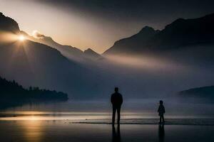 a man and his child stand on the shore of a lake at sunset. AI-Generated photo