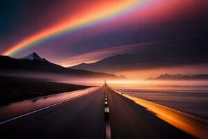 un arco iris es visto terminado el Oceano y un la carretera. generado por ai foto