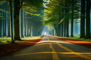 a road through the woods with trees lining both sides. AI-Generated photo