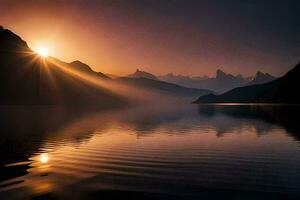 the sun rises over a mountain range and a lake. AI-Generated photo