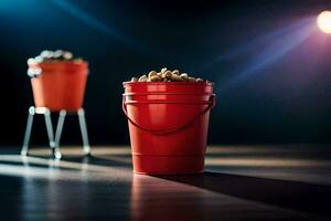 two red buckets with peanuts on a table. AI-Generated photo