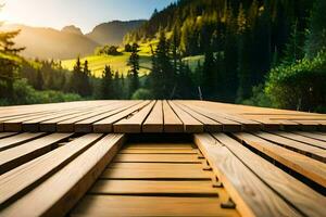 wooden deck in the mountains. AI-Generated photo