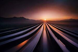 un largo exposición fotografía de un tren pista a puesta de sol. generado por ai foto