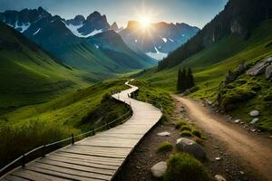 a wooden path leads to the mountains at sunset. AI-Generated photo
