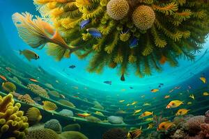 a colorful underwater scene with coral and fish. AI-Generated photo