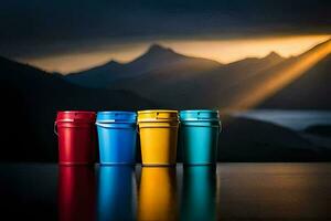 colorful cups on a table with mountains in the background. AI-Generated photo