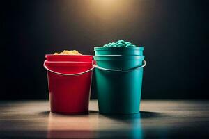 two buckets of popcorn on a table. AI-Generated photo