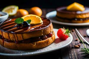 two cakes with chocolate and strawberries on a table. AI-Generated photo