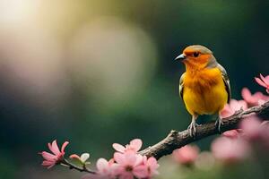 a bird sits on a branch with pink flowers. AI-Generated photo