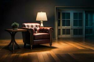 a chair and table in a dark room. AI-Generated photo