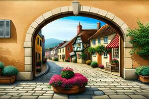 an illustration of a street with a flower pot in front of it. AI-Generated photo