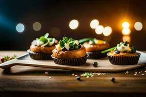 small cupcakes with toppings on a wooden cutting board. AI-Generated photo