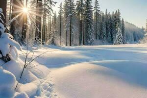 nieve cubierto arboles y el Dom brillante mediante el arboles generado por ai foto