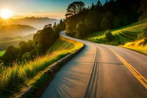 the sun rises over a winding road in the mountains. AI-Generated photo