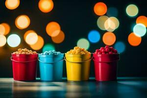 three buckets of popcorn on a table with bokeh lights. AI-Generated photo