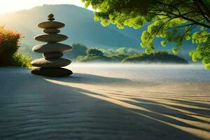 a stack of stones in the sand near a tree. AI-Generated photo