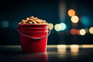 a red bucket filled with peanuts on a table. AI-Generated photo