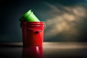 a red and green bucket on a dark table. AI-Generated photo