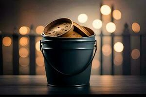 a bucket filled with cookies on a table. AI-Generated photo