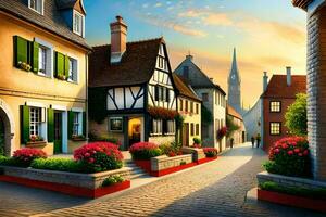 an old european street with houses and flowers. AI-Generated photo