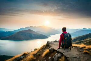 a woman with a backpack looks out over a lake and mountains. AI-Generated photo