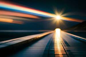 a long exposure photograph of a bridge with a bright light shining. AI-Generated photo