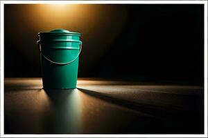 a green bucket sitting on a table in front of a light. AI-Generated photo