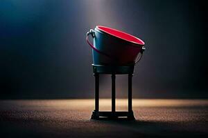 a red bucket with a black handle on a dark floor. AI-Generated photo