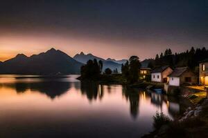 un lago y casas en el montañas a puesta de sol. generado por ai foto