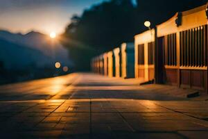 a long walkway with a building in the background. AI-Generated photo
