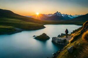 el Dom sube terminado el montañas y lago. generado por ai foto