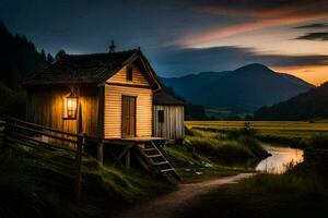 a small cabin in the middle of a field at sunset. AI-Generated photo