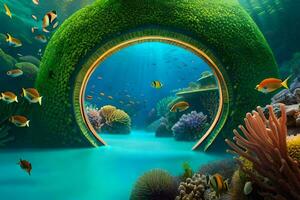 an underwater tunnel with coral reefs and fish. AI-Generated photo