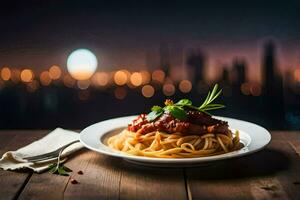 espaguetis con carne salsa y tomate en un lámina. generado por ai foto