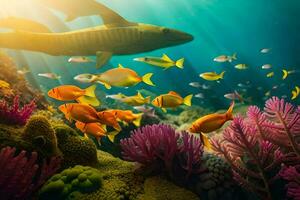 photo wallpaper fish, coral, the ocean, the sun, shark, coral reef, fish,. AI-Generated