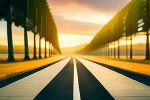 un largo vacío la carretera con un puesta de sol en el antecedentes. generado por ai foto