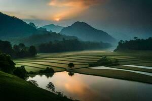 the sun rises over rice fields in the mountains. AI-Generated photo