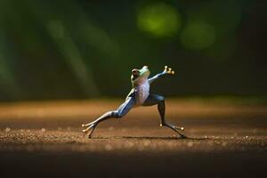 a frog is standing on its hind legs. AI-Generated photo