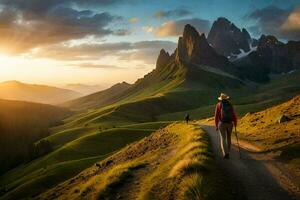 un hombre camina en un camino en el montañas. generado por ai foto