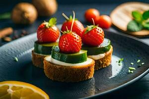 un plato con pepinos, fresas y limón rebanadas generado por ai foto